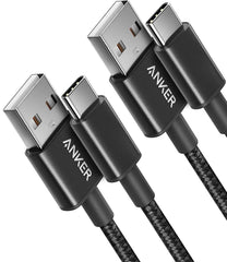 Nylon USB-C to USB-A 2.0 Cable (3ft, 2-Pack, Black)
