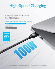 USB-C to USB-C Cable 6ft Braided 100W 2-Pack Black