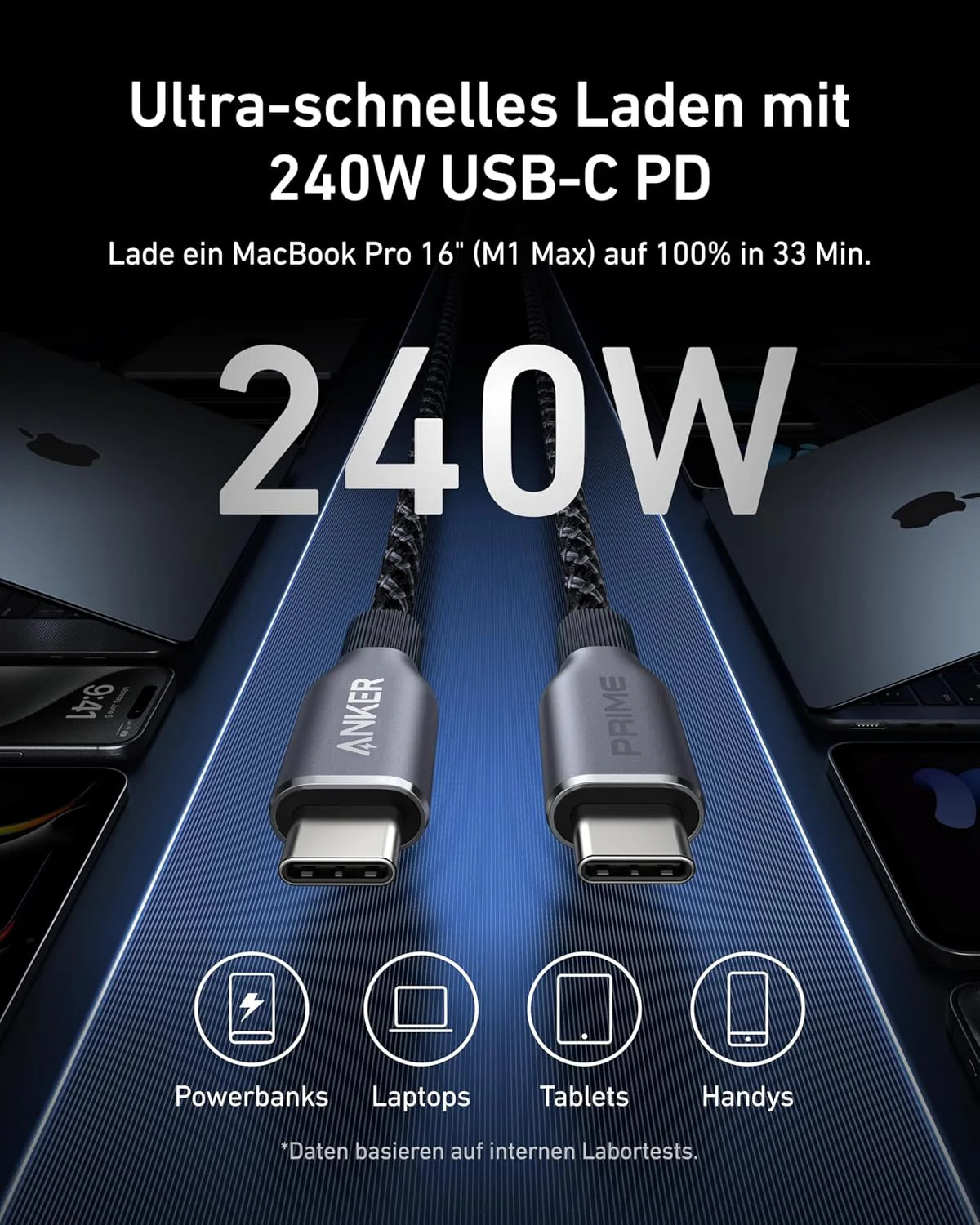 Anker Prime Powerbank 26K 300W Bundle mit USB-C Kabel 240W und 100W Ladestation