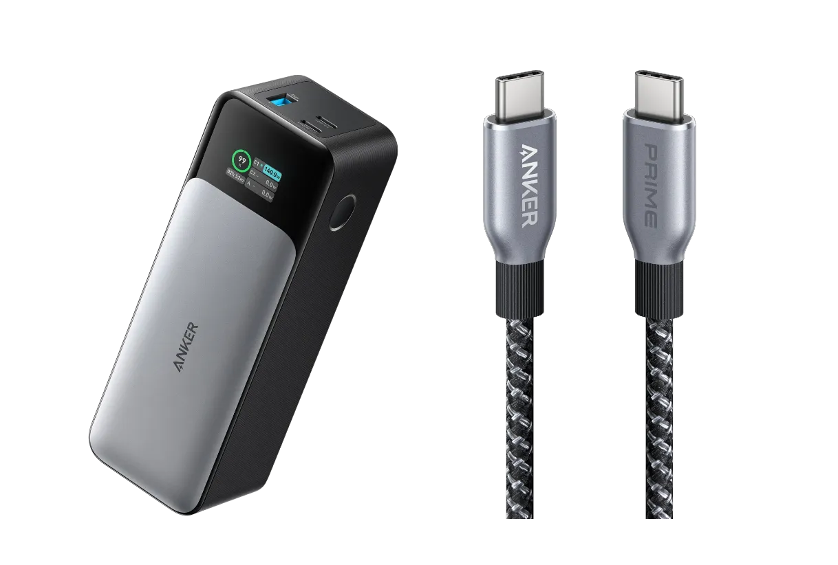 Anker 737 Powerbank (PowerCore 24K) + Anker Prime USB-C auf USB-C Kabel (0.9m, 240W, Upcycled-Flechtdesign)