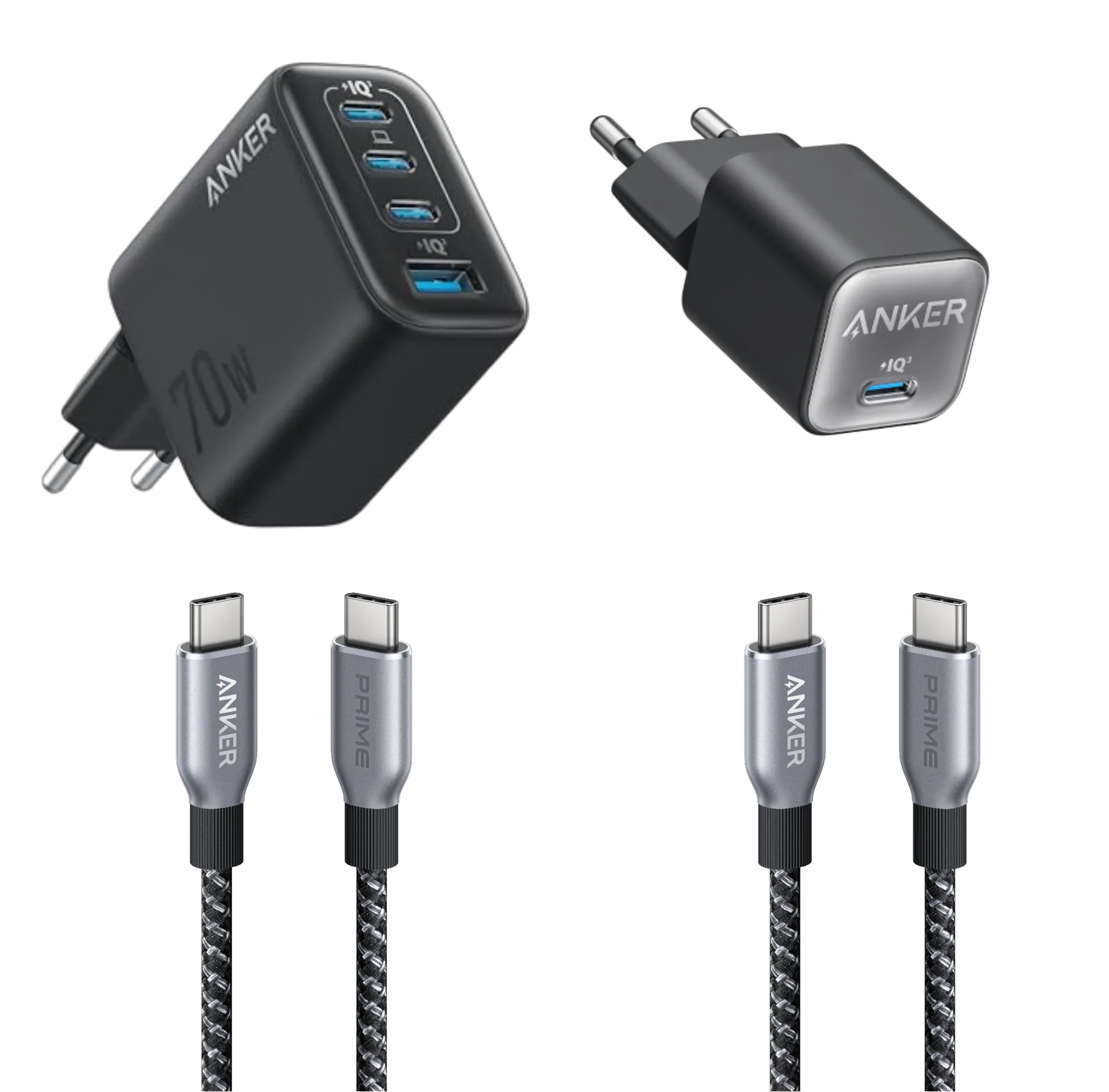 Anker Zolo 70W 4-Port Charger + Anker 511 Nano 3 30W Charger + Anker Prime USB-C to USB-C Cable 2-Pack (0.9m, 240W, Upcycled Braided Design)