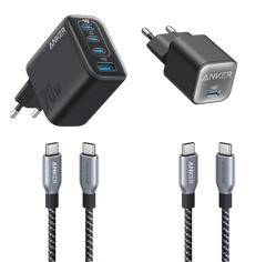 Anker Zolo 70W 4-Port Charger + Anker 511 Nano 3 30W Charger + Anker Prime USB-C to USB-C Cable 2-Pack (0.9m, 240W, Upcycled Braided Design)