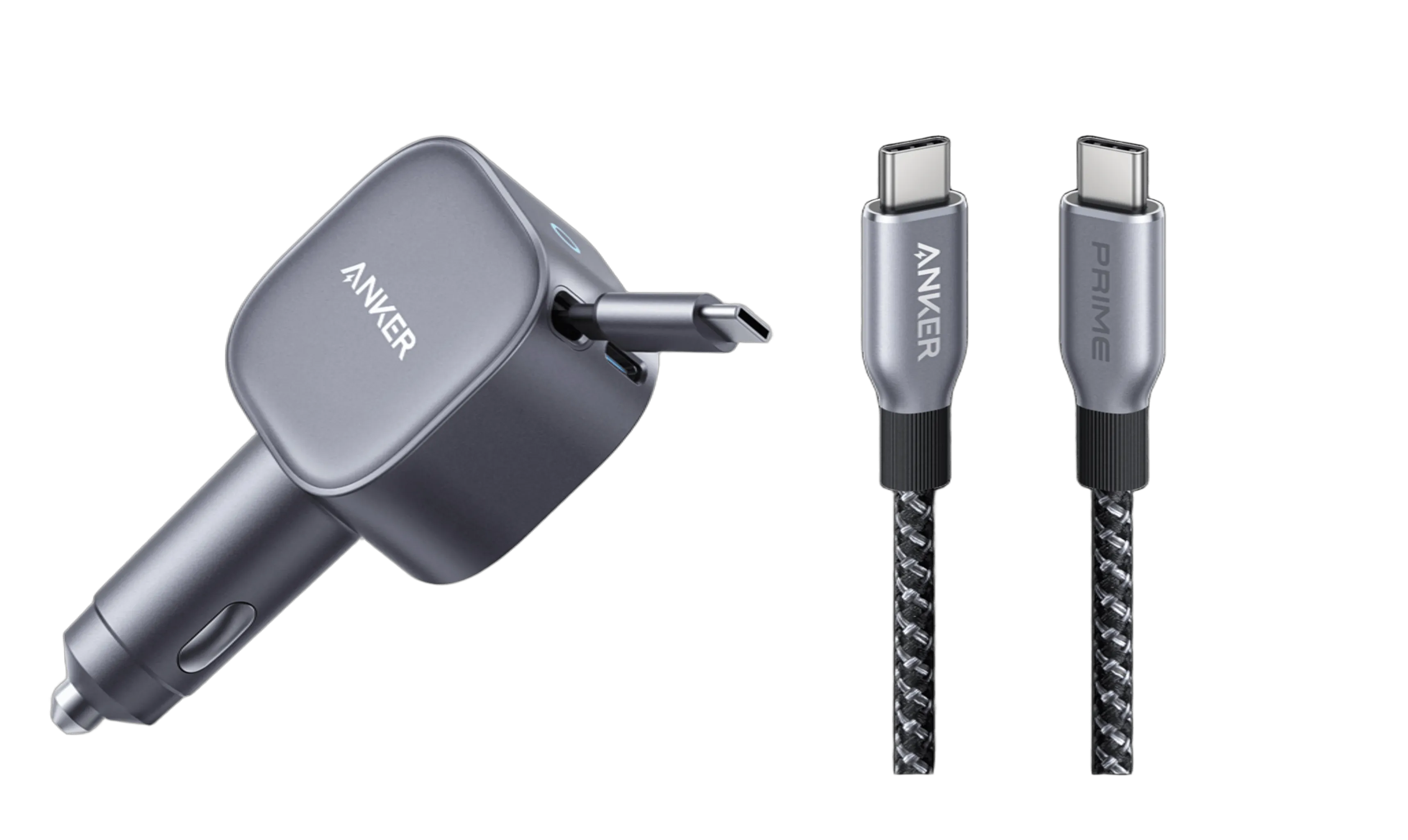 Anker Nano Car Charger (75W, USB-C Port, Integrated Retractable USB-C Cable) + Anker Prime USB-C to USB-C Cable (240W, Upcycled Braided Design)