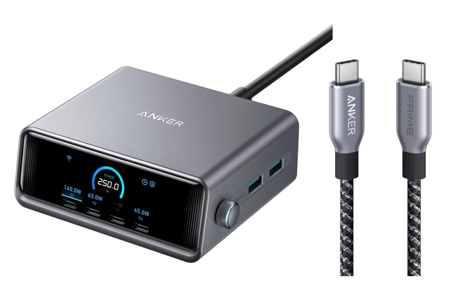 Anker Prime Charger (250W, 6 Ports, GaNPrime) + Anker Prime USB-C to USB-C Cable (240W, Upcycled Braided Design, 0.9m)