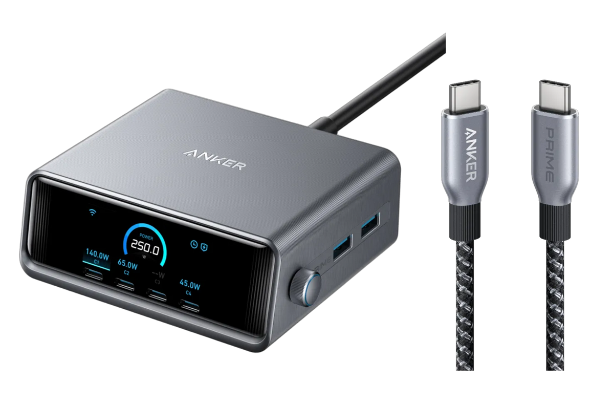 Anker Prime Charger (250W, 6 Ports, GaNPrime) + Anker Prime USB-C to USB-C Cable (240W, Upcycled Braided Design, 0.9m)