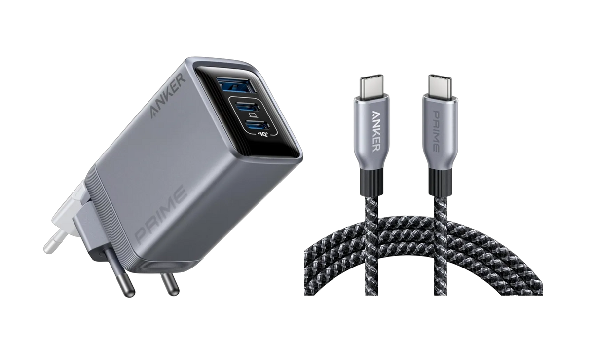 Anker Prime Charger (100W, 3 Ports, GaN) + Anker Prime USB-C to USB-C Cable (1.8m, 240W, Upcycled Braided Design)