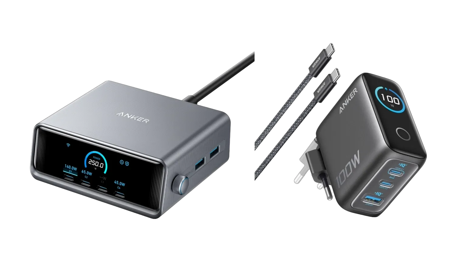 Anker Prime Charger (250W, 6 Ports, GaNPrime) + Anker Charger (100W, 3 Ports, Smart Display) with USB-C Cable