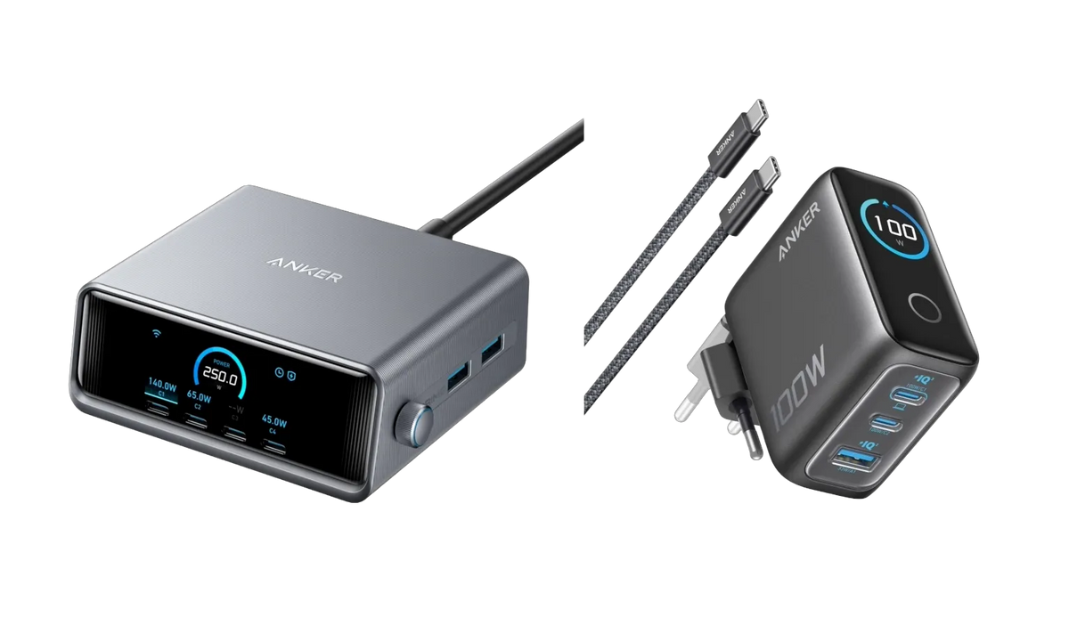 Anker Prime Charger (250W, 6 Ports, GaNPrime) + Anker Charger (100W, 3 Ports, Smart Display) with USB-C Cable