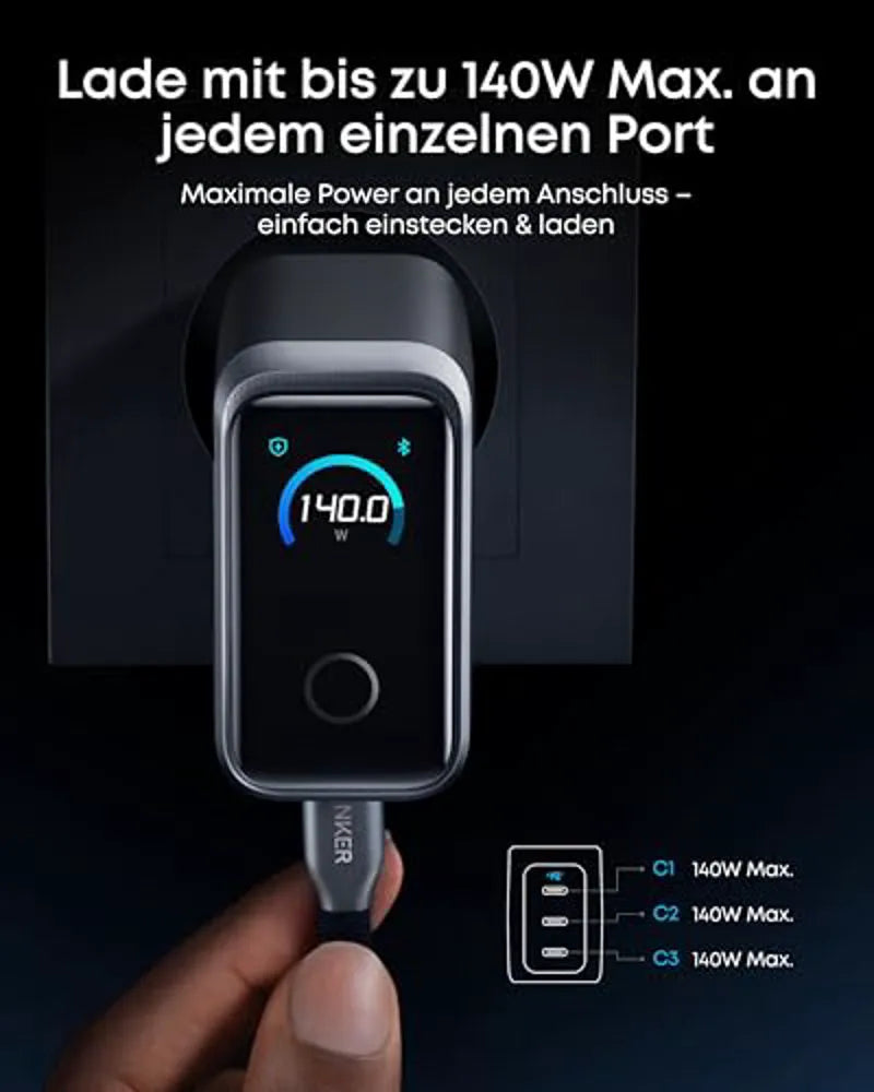 Anker Prime 160W GaNPrime 3-Port Charger with 2-in-1 USB-C to USB-C Cable (120cm, 140W, Braided)