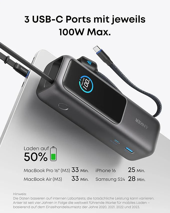 Anker Prime Charger (160W, 3 Ports, GaNPrime) + Anker Power Bank (25K, 165W, Built-in + Retractable Cable)