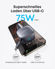 Anker Nano Car Charger (75W, USB-C Port, Integrated Retractable USB-C Cable) + Anker Prime USB-C to USB-C Cable (240W, Upcycled Braided Design)