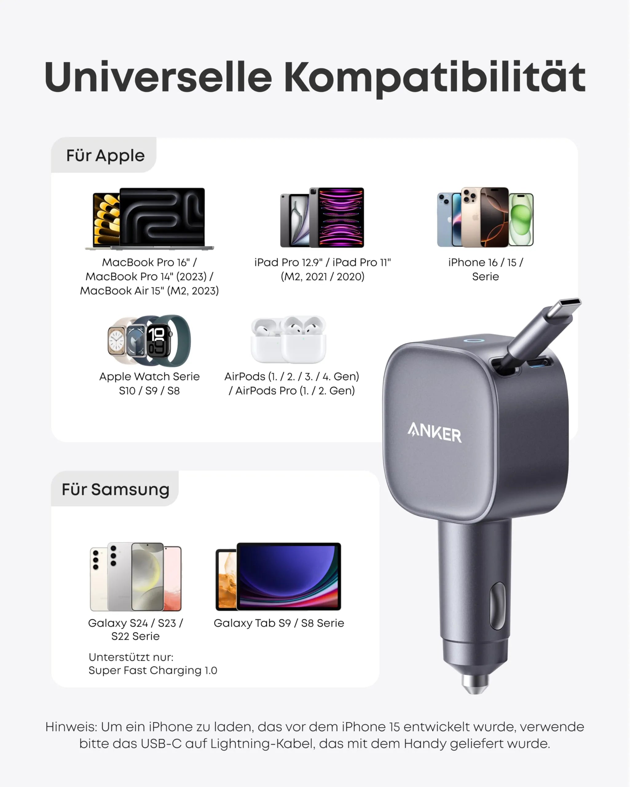 Anker Nano Car Charger (75W, USB-C Port, Integrated Retractable USB-C Cable) + Anker Prime USB-C to USB-C Cable (240W, Upcycled Braided Design)