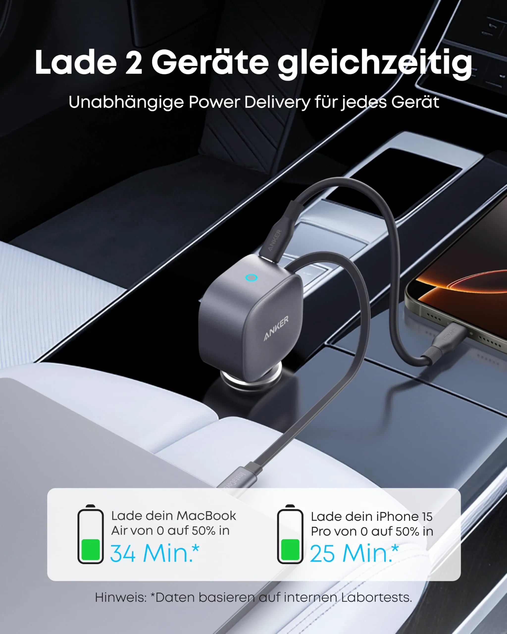 Anker Nano Car Charger (75W, USB-C Port, Integrated Retractable USB-C Cable) + Anker Prime USB-C to USB-C Cable (240W, Upcycled Braided Design)