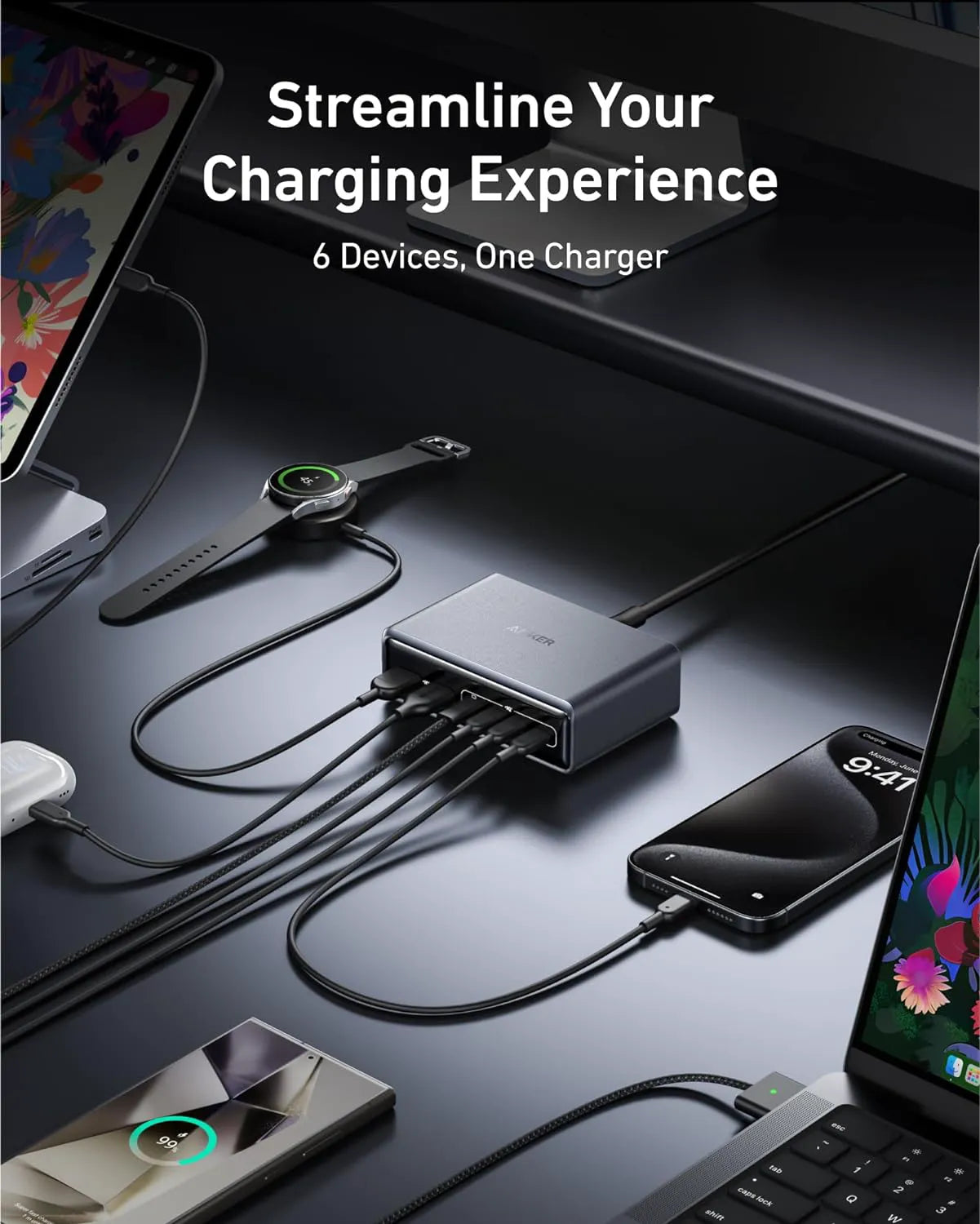 Anker Prime Charger (200W, 6 Ports, GaN) & Anker USB-C to USB-C Cable (240W, Braided Recycled)