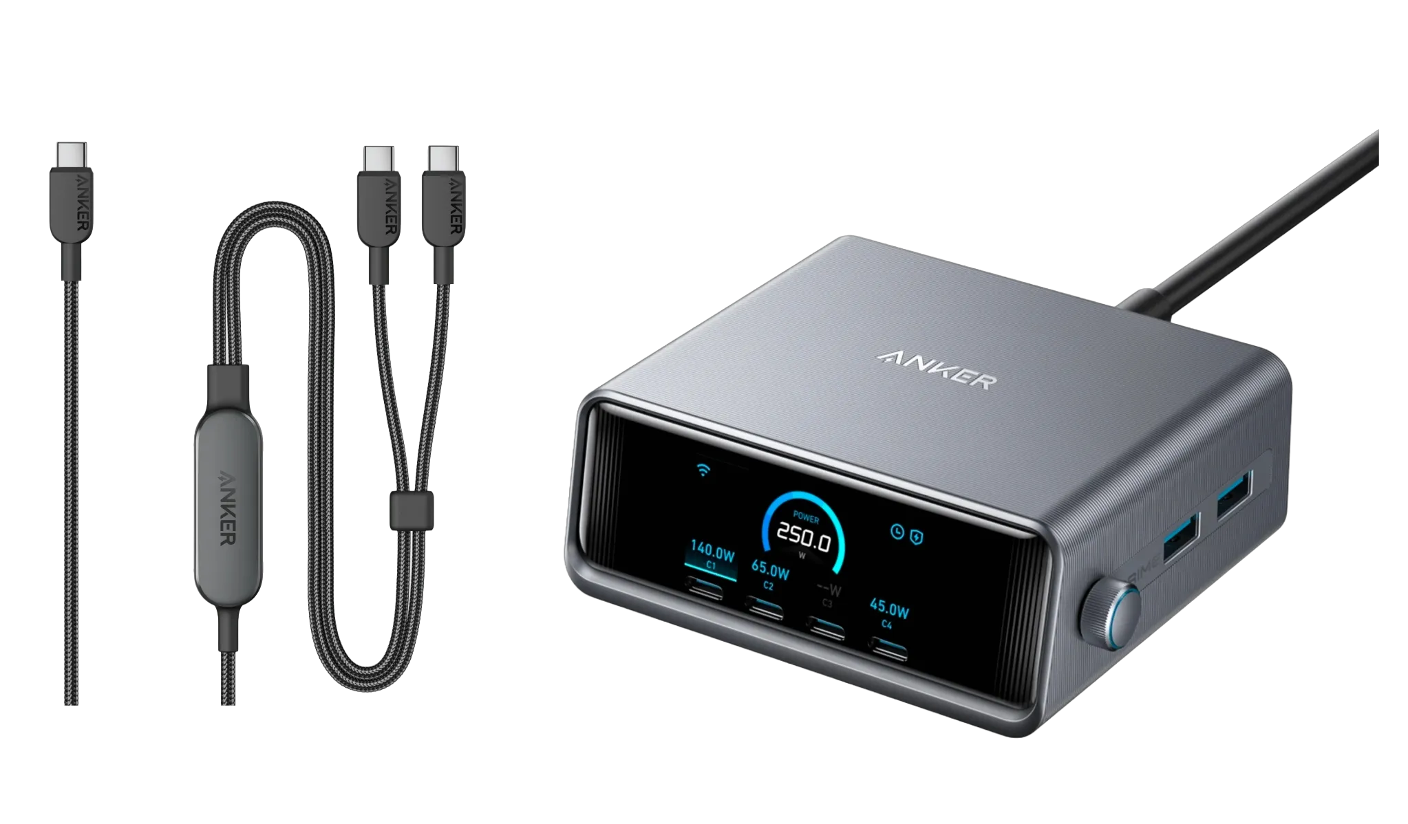 Anker Prime Charger (250W, 6 Ports, GaNPrime) + Anker 2-in-1 USB-C to USB-C Cable (120cm, 140W, Braided Design)