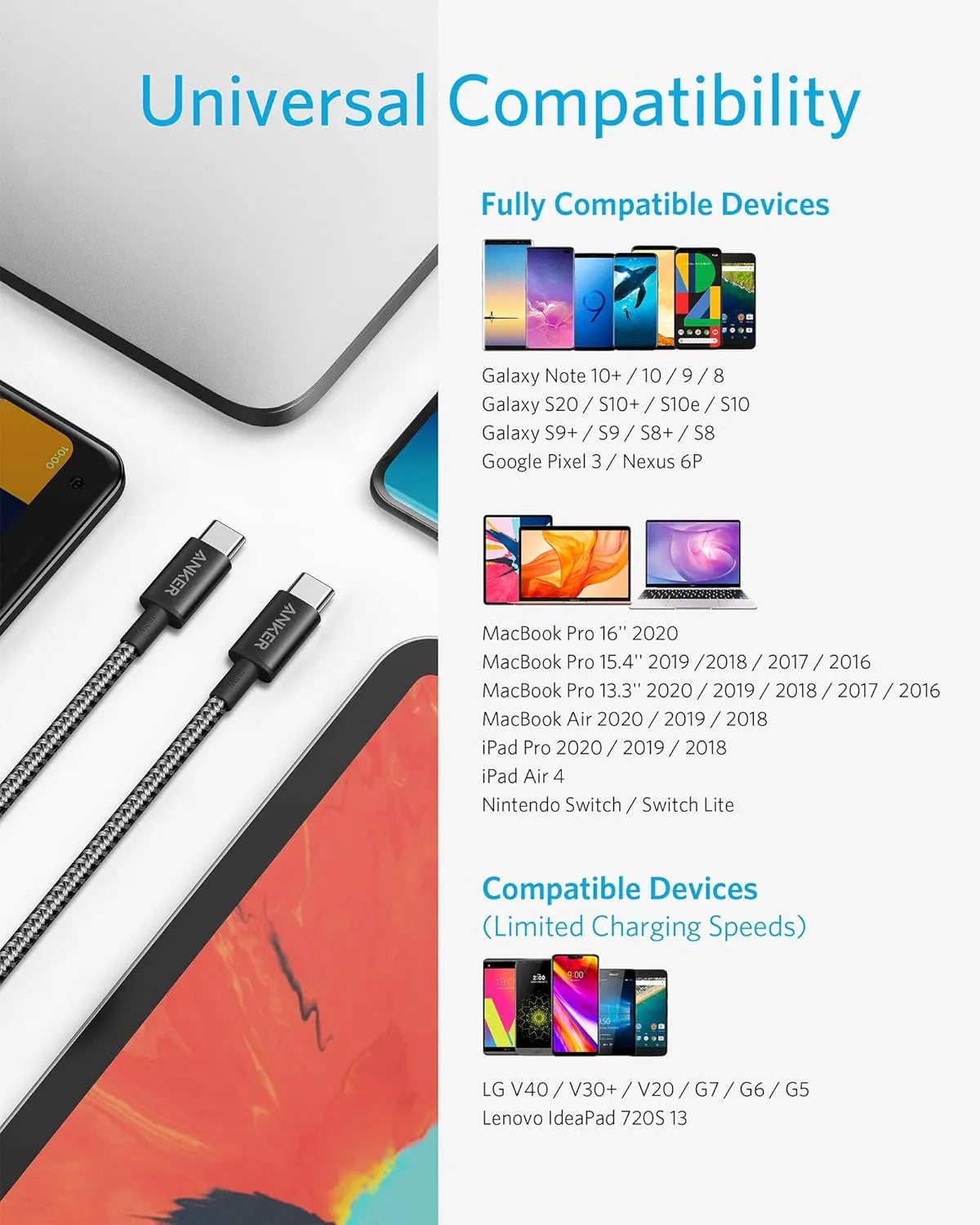 Anker Nylon USB-C to USB-C Cable, 100W Type-C, 3m, Fast Charging