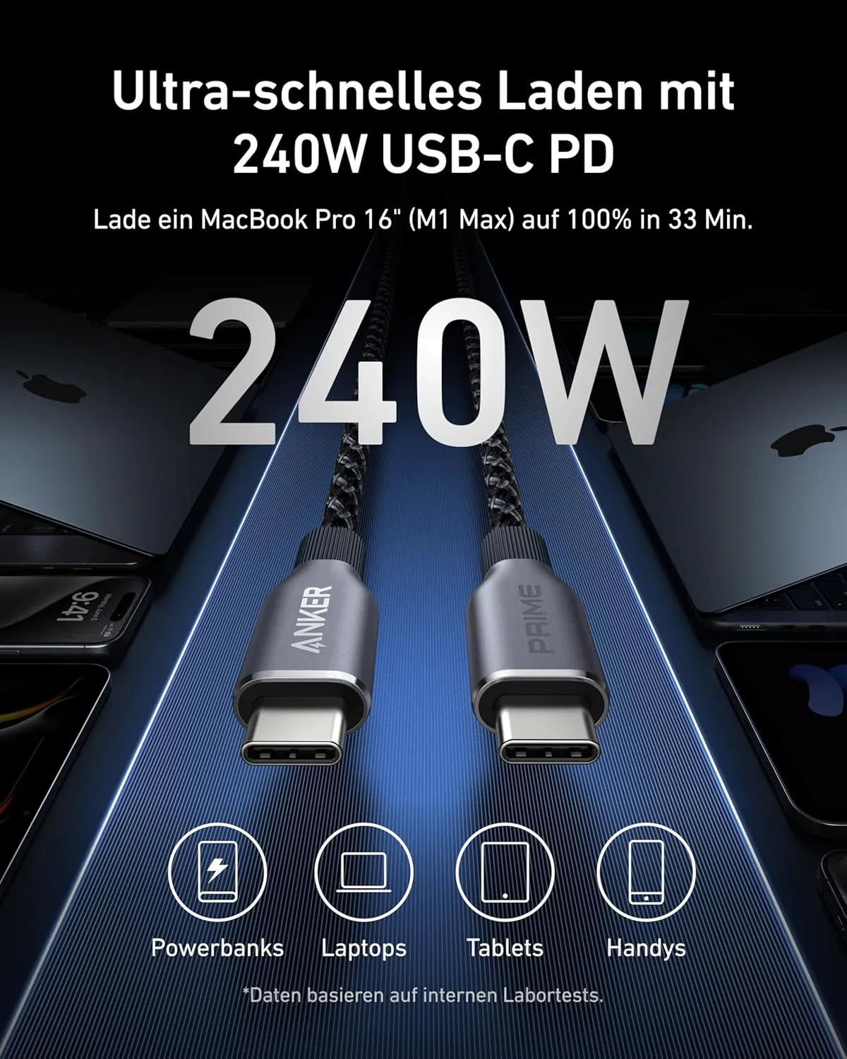 Anker Prime Charger (250W, 6 Ports, GaNPrime) + Anker Prime USB-C to USB-C Cable (240W, Upcycled Braided Design, 0.9m)