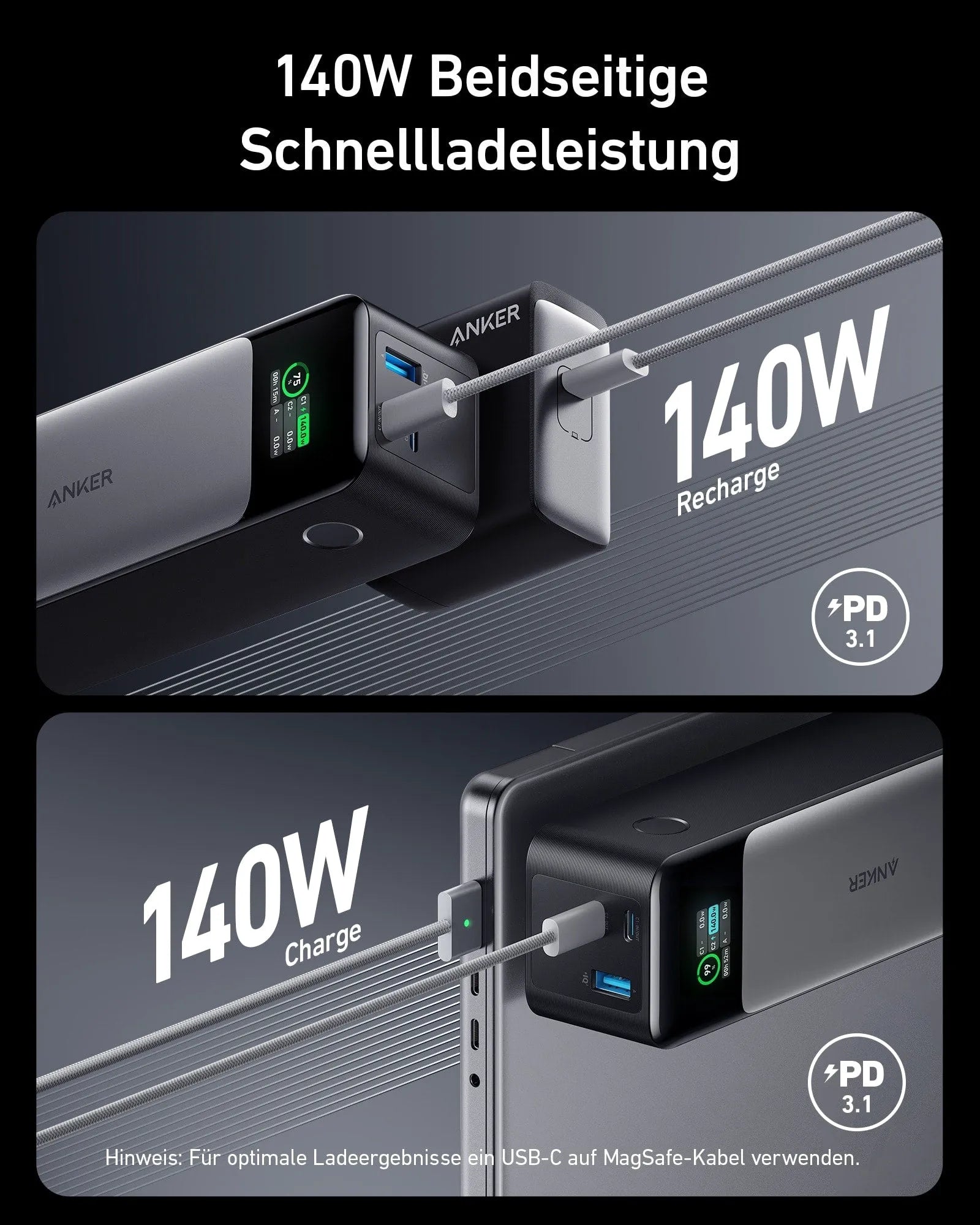 Anker 737 Powerbank (PowerCore 24K) + Anker Prime USB-C auf USB-C Kabel (0.9m, 240W, Upcycled-Flechtdesign)