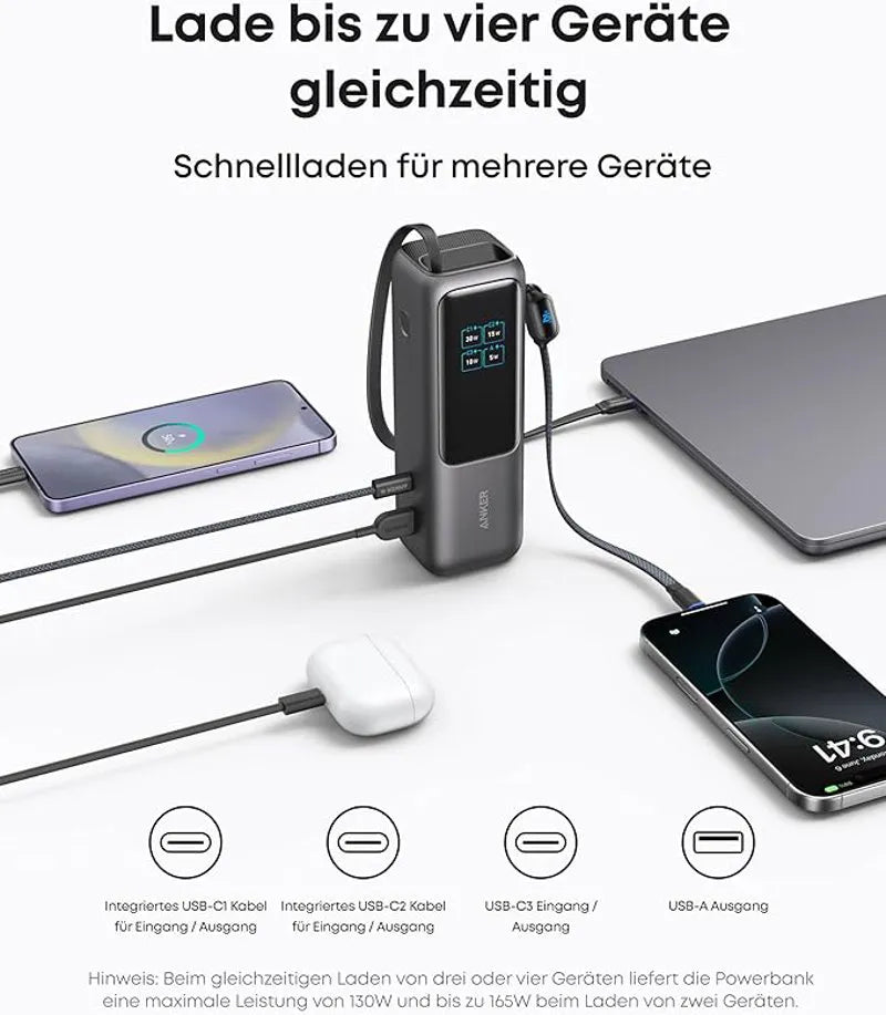 Anker Powerbank (25K, 165W, Built-in + Retractable Cable) + Anker Charger (140W, 4-Port, PD 3.1) with USB-C Cable