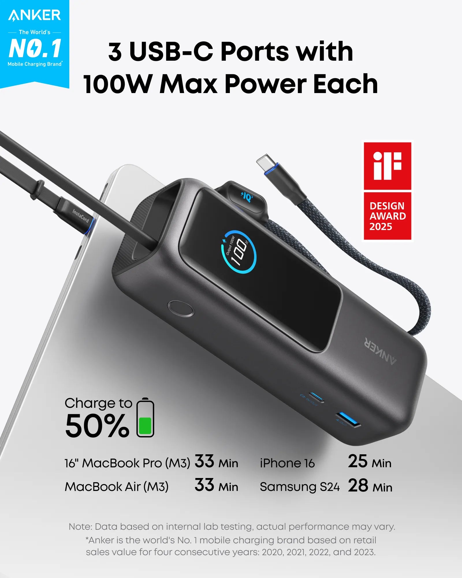 Anker Laptop Power Bank, 25,000 mAh External Battery with 3 USB-C Ports, 100W for Multi-Device Charging