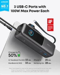 Anker Laptop Power Bank, 25,000 mAh External Battery with 3 USB-C Ports, 100W for Multi-Device Charging