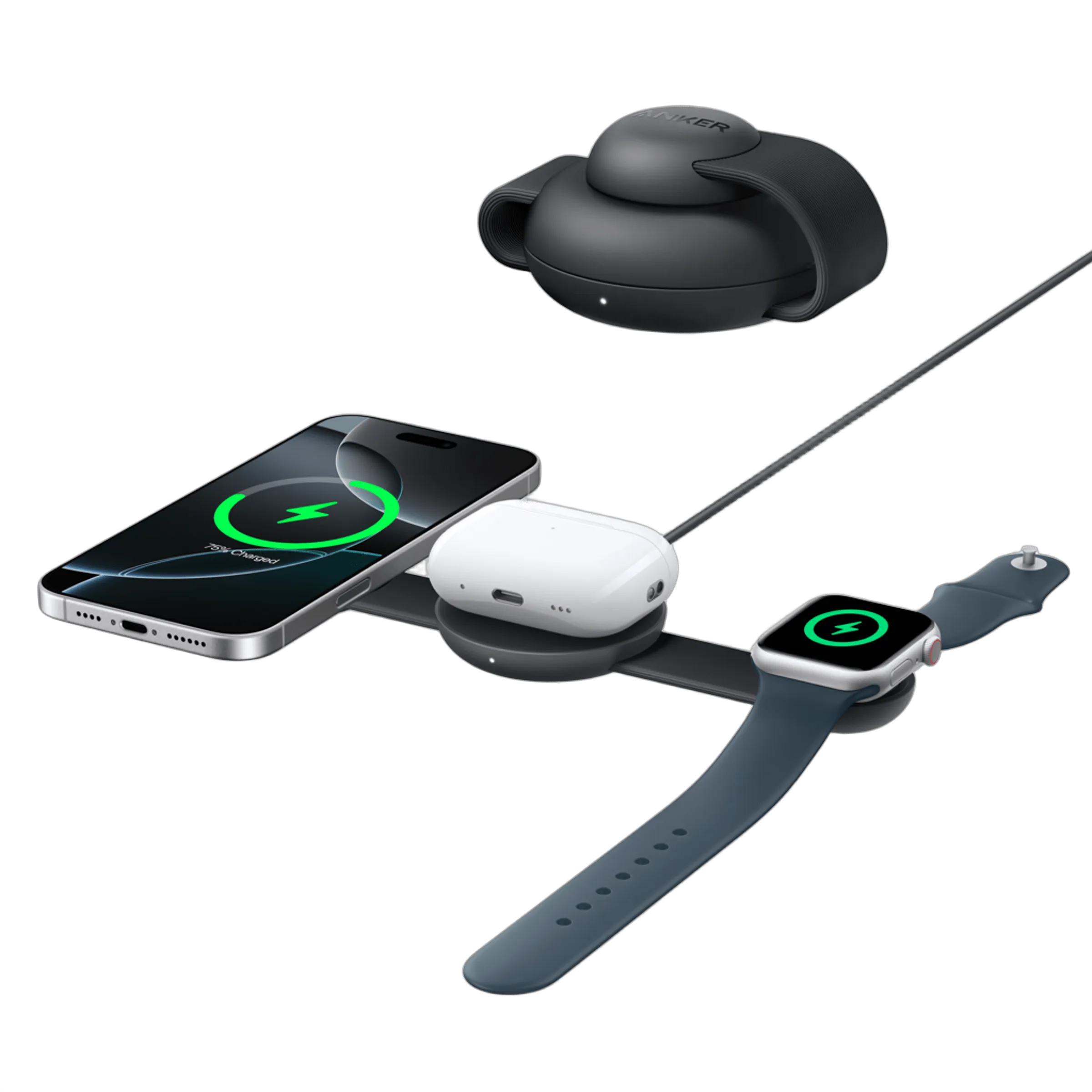 Anker MagGo 3-in-1 Foldable Wireless Charging Pad + 100W 3-Port Charger with Smart Display and USB-C Cable