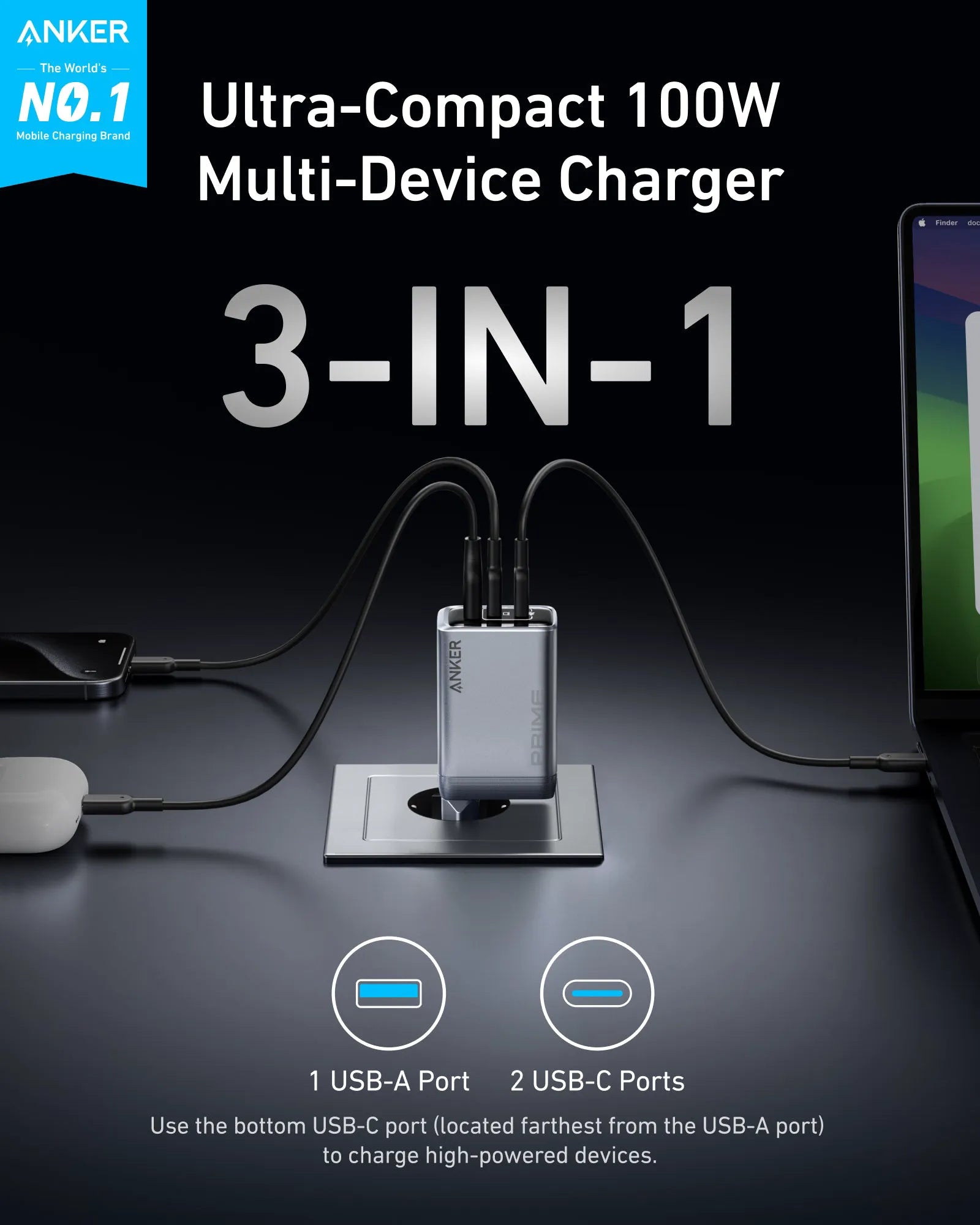 Anker Prime Charger (100W, 3 Ports, GaN) and Anker USB-C to USB-C Cable (240W, Recycled Braided)