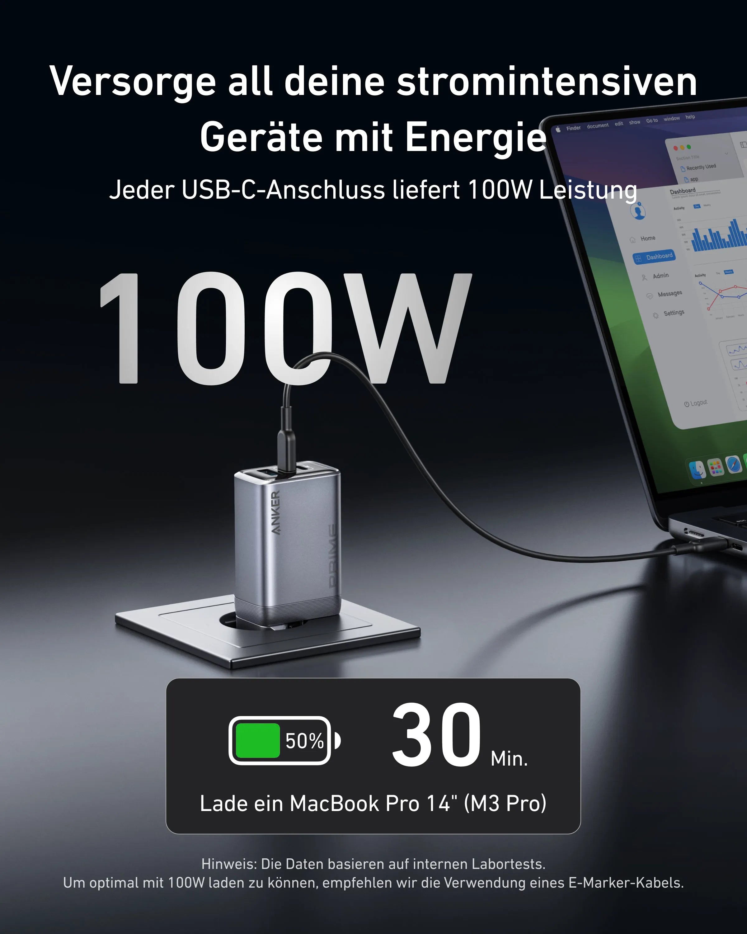 Anker Prime 100W GaN Charger (3 Ports) + Anker Prime 240W USB-C to USB-C Cable (Upcycled Braided Design)