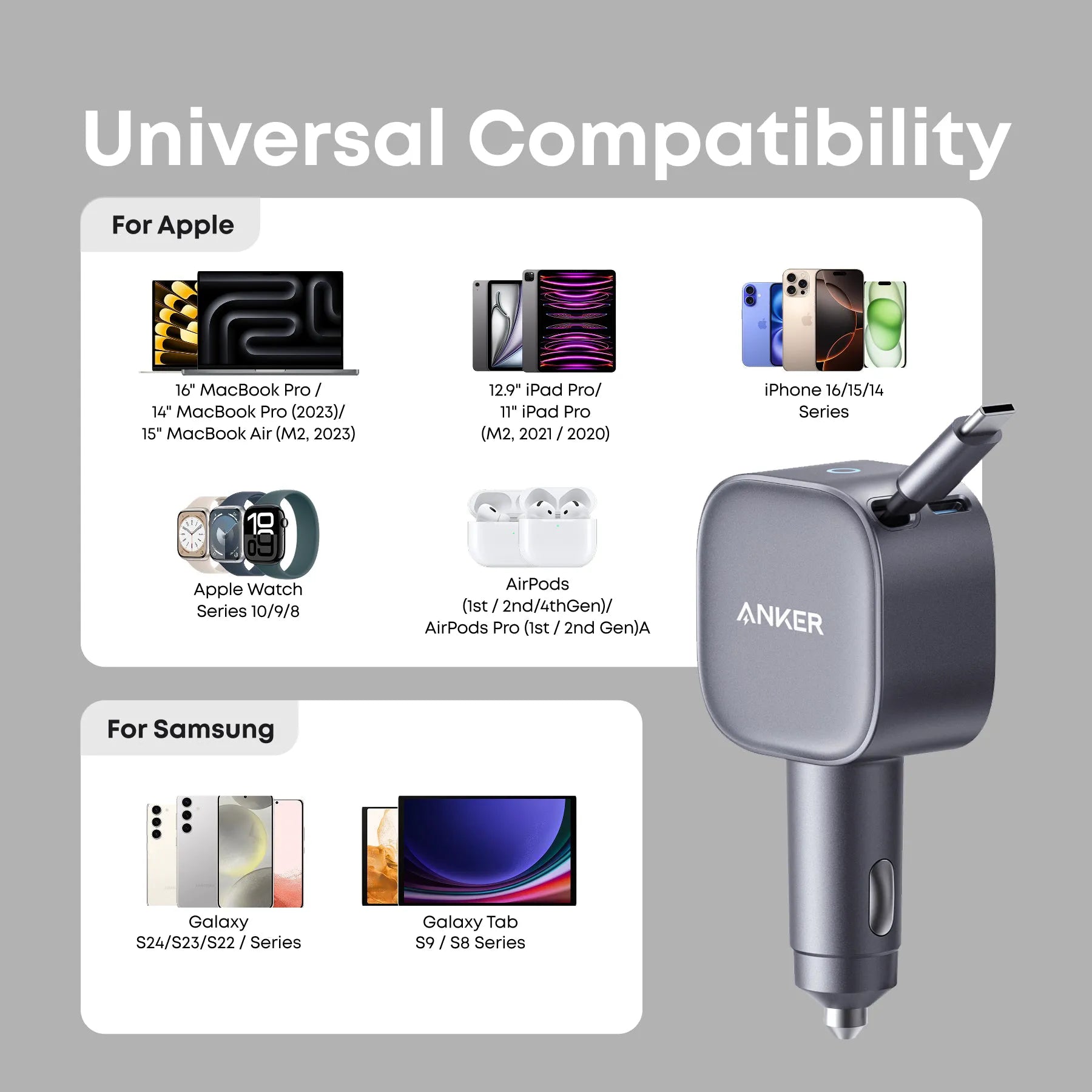Anker Nano Car Charger 75W with Built-In Retractable USB-C Cable