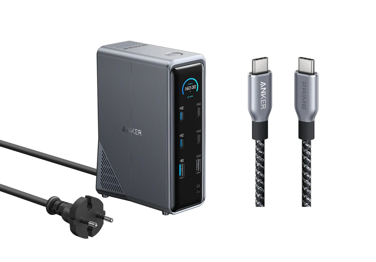 Anker Prime Charging Station (14-in-1, Dual Display, 160W) + Anker Prime USB-C to USB-C Cable (0.9m, 240W, Upcycled Braided Design)