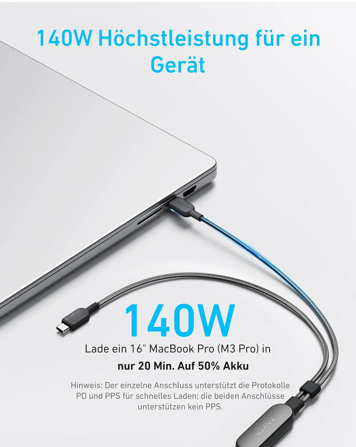 Anker Prime Charger (250W, 6 Ports, GaNPrime) + Anker 2-in-1 USB-C to USB-C Cable (120cm, 140W, Braided Design)