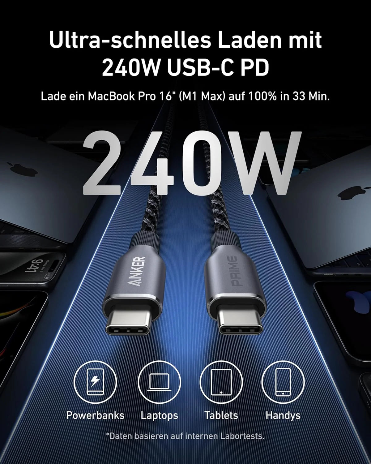 Anker Prime Charger (100W, 3 Ports, GaN) + Anker Prime USB-C to USB-C Cable (1.8m, 240W, Upcycled Braided Design)
