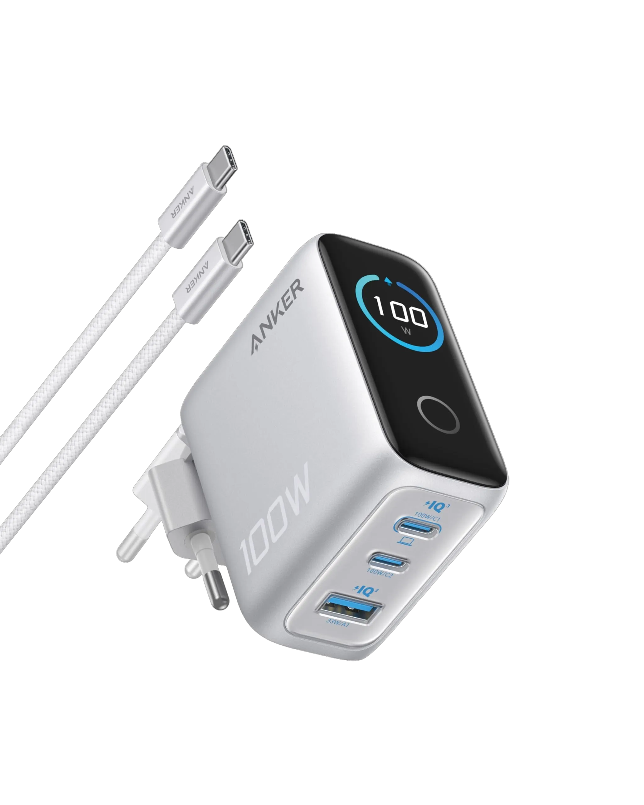 Anker Charger (100W, 3 Ports, Smart Display) with USB-C Cable