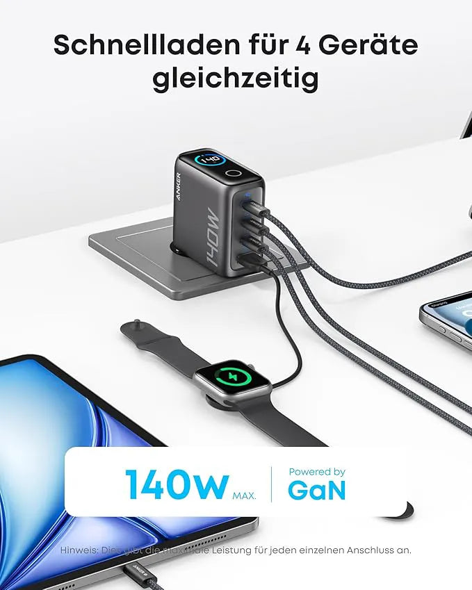 Anker 140W 4-Port PD 3.1 Charger with USB-C Cable + Anker Prime USB-C to USB-C Cable (240W, Upcycled Braided, 1.8m)