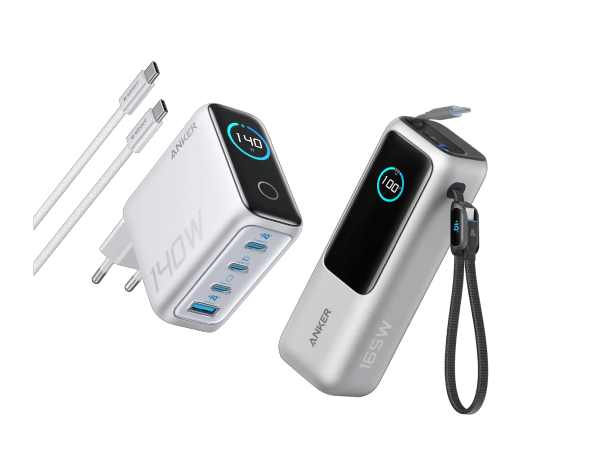 Anker Powerbank (25K, 165W, Built-in + Retractable Cable) + Anker Charger (140W, 4-Port, PD 3.1) with USB-C Cable