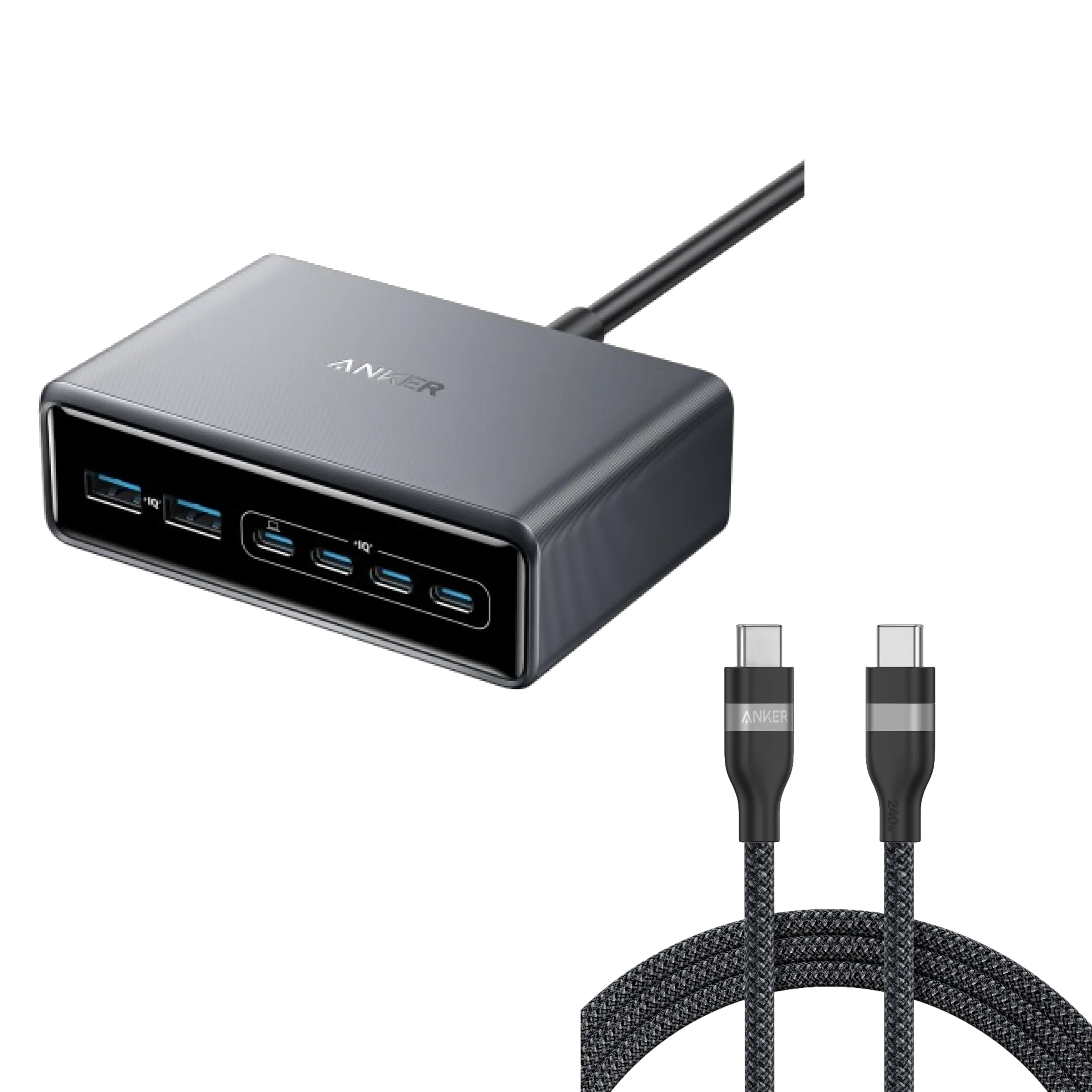 Anker Prime Charger (200W, 6 Ports, GaN) & Anker USB-C to USB-C Cable (240W, Braided Recycled)
