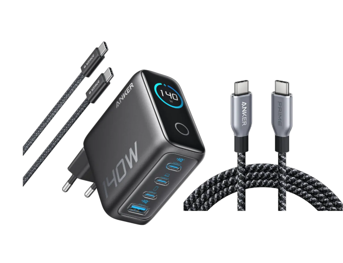 Anker 140W 4-Port PD 3.1 Charger with USB-C Cable + Anker Prime USB-C to USB-C Cable (240W, Upcycled Braided, 1.8m)