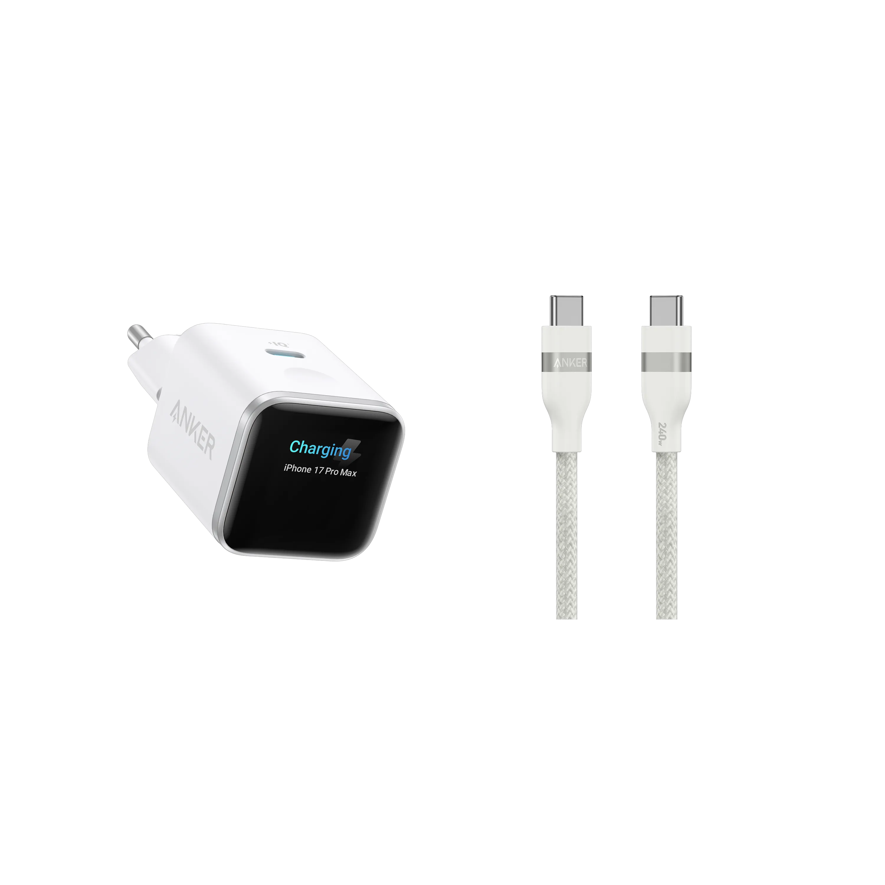 Anker Nano Charger (45W, Smart Display) + Anker USB-C to USB-C Cable (90cm/180cm, 240W, Upcycled Braided)