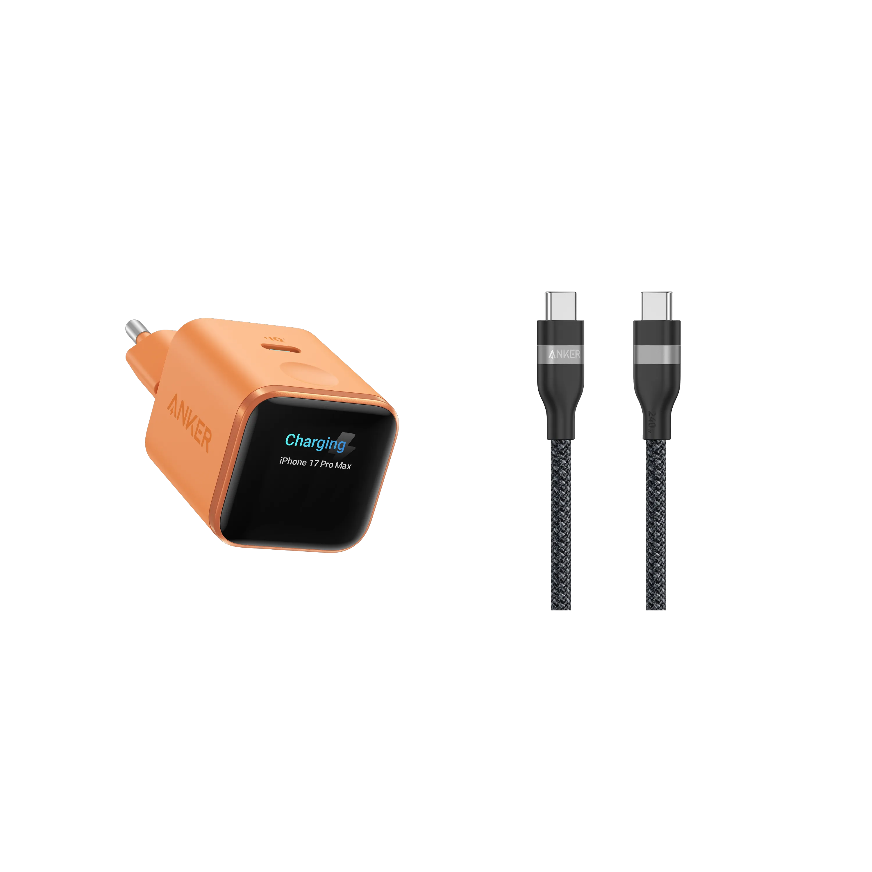 Anker Nano Charger (45W, Smart Display) + Anker USB-C to USB-C Cable (90cm/180cm, 240W, Upcycled Braided)