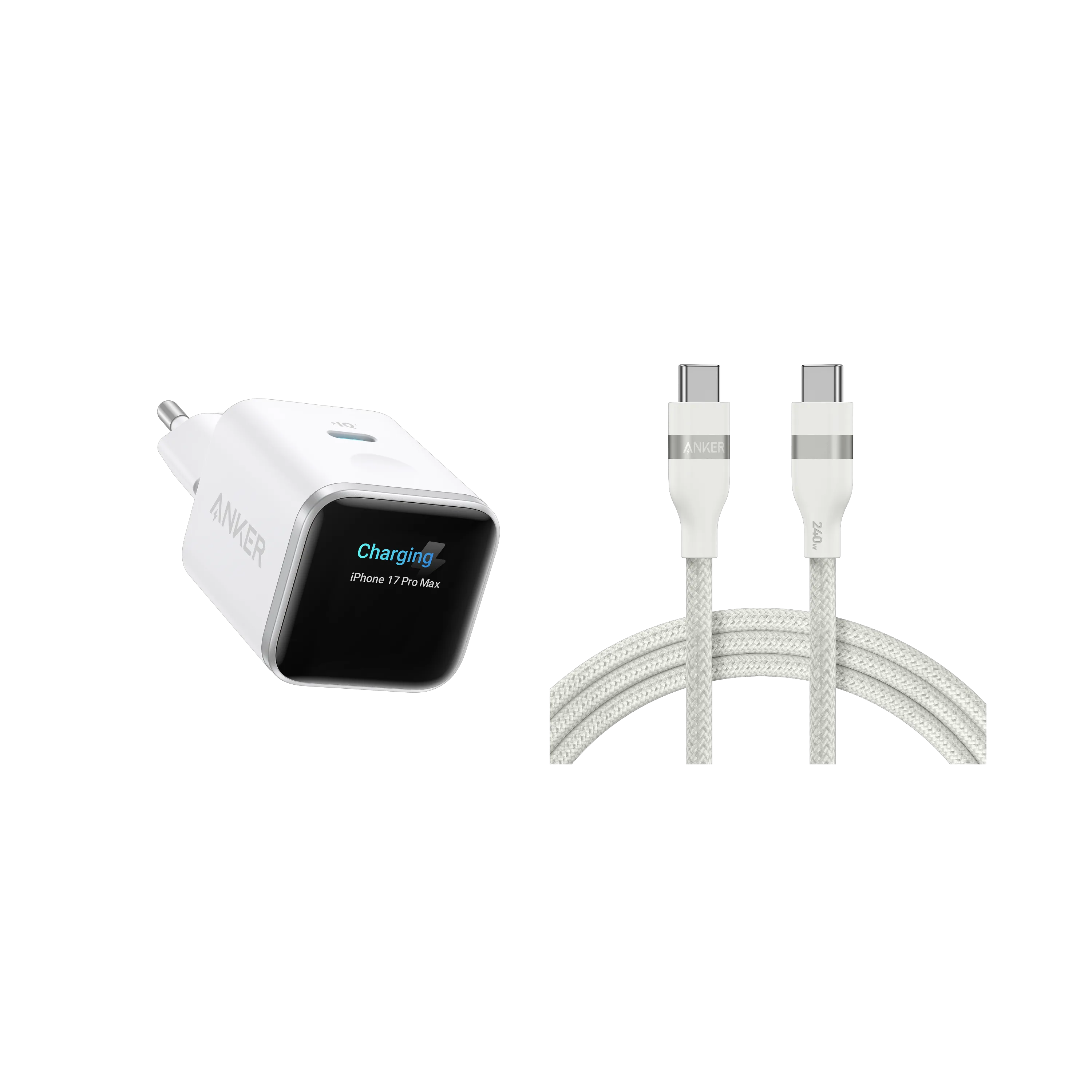 Anker Nano Charger (45W, Smart Display) + Anker USB-C to USB-C Cable (90cm/180cm, 240W, Upcycled Braided)