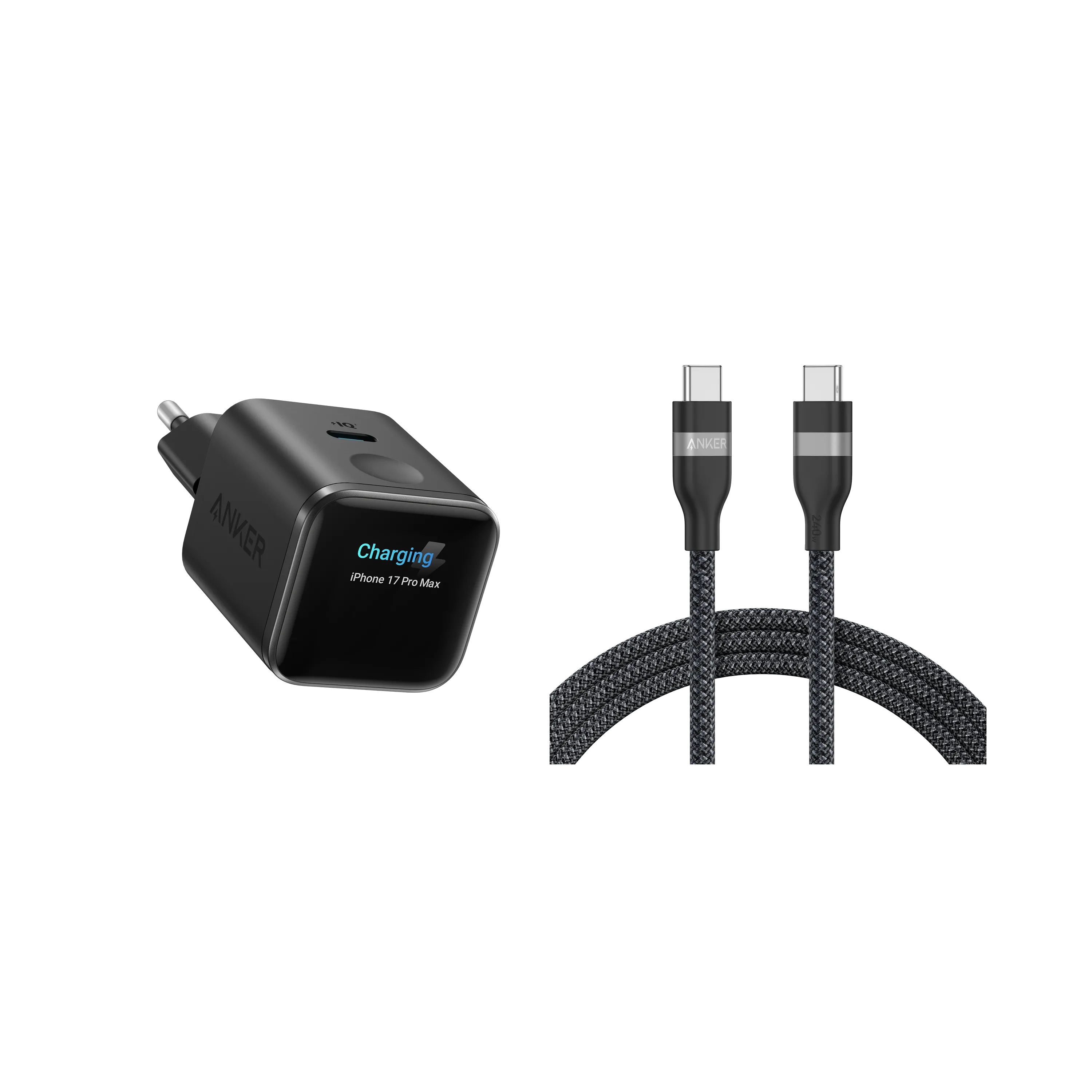 Anker Nano Charger (45W, Smart Display) + Anker USB-C to USB-C Cable (90cm/180cm, 240W, Upcycled Braided)