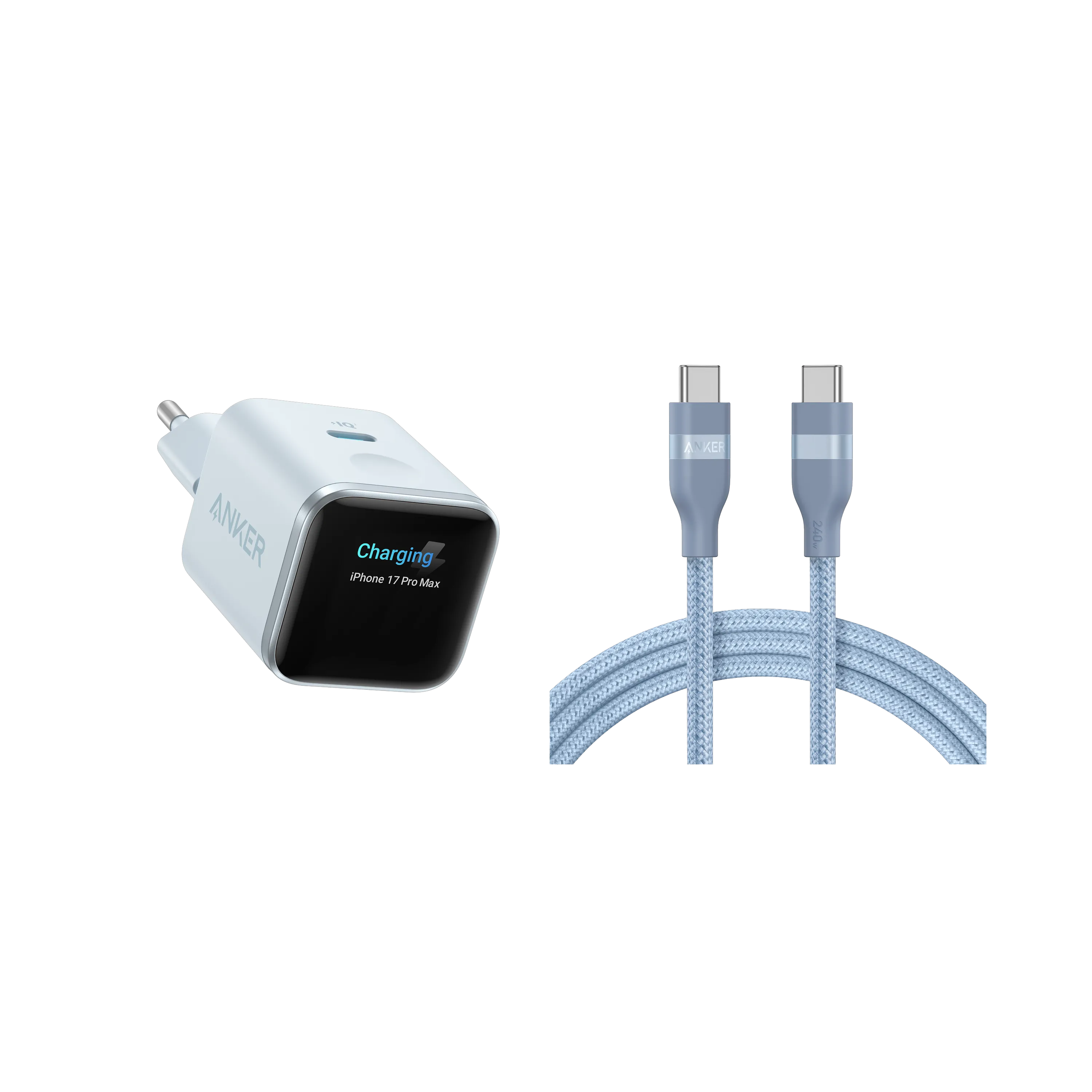 Anker Nano Charger (45W, Smart Display) + Anker USB-C to USB-C Cable (90cm/180cm, 240W, Upcycled Braided)