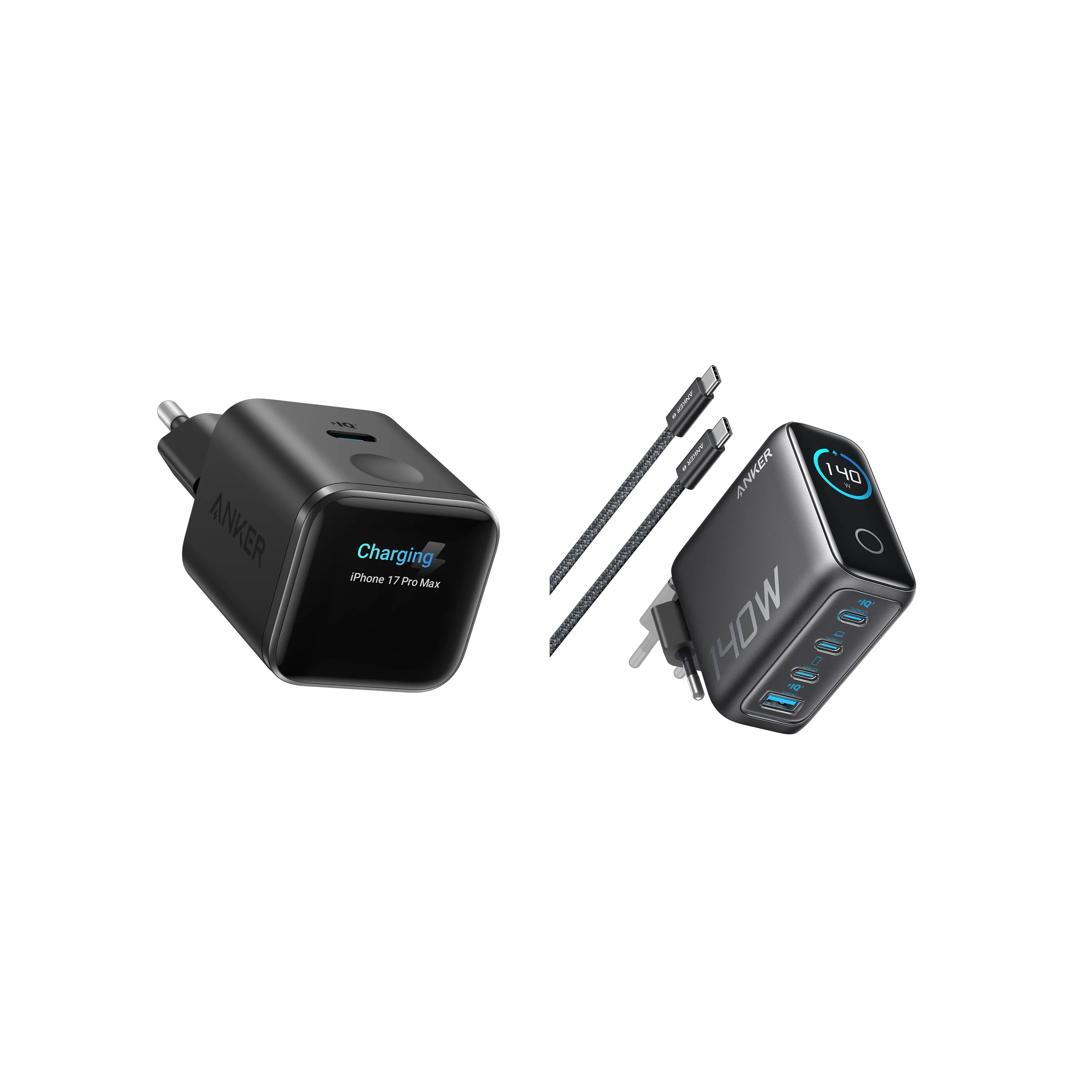 Anker Nano Charger (45W, Smart Display) + Anker Charger (140W, 4-Port, PD 3.1) with USB-C Cable