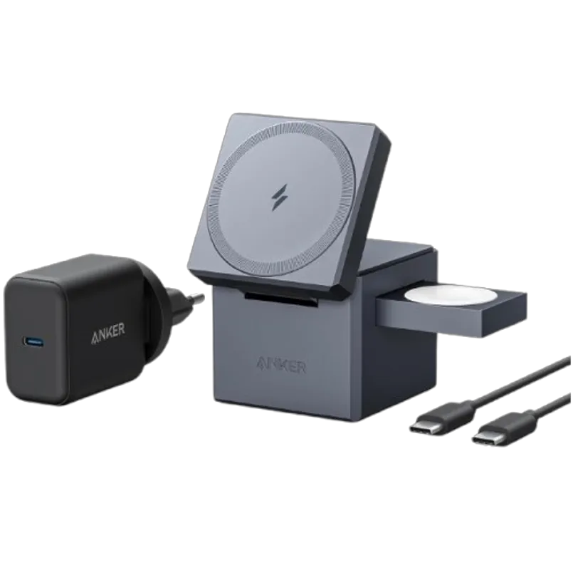 Anker 3-in-1 Charging Cube with MagSafe + Anker Charger (100W, 3 Ports, Smart Display) with USB-C Cable