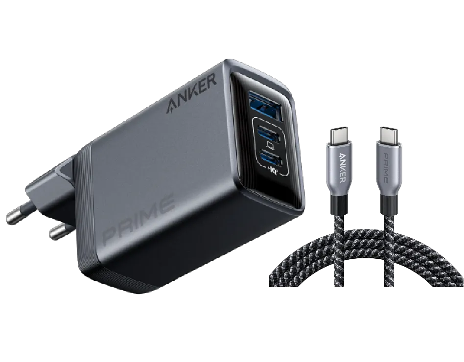 Anker Prime Charger (100W, 3 Ports, GaN) + Anker Prime USB-C to USB-C Cable (240W, Upcycled Braided Design)