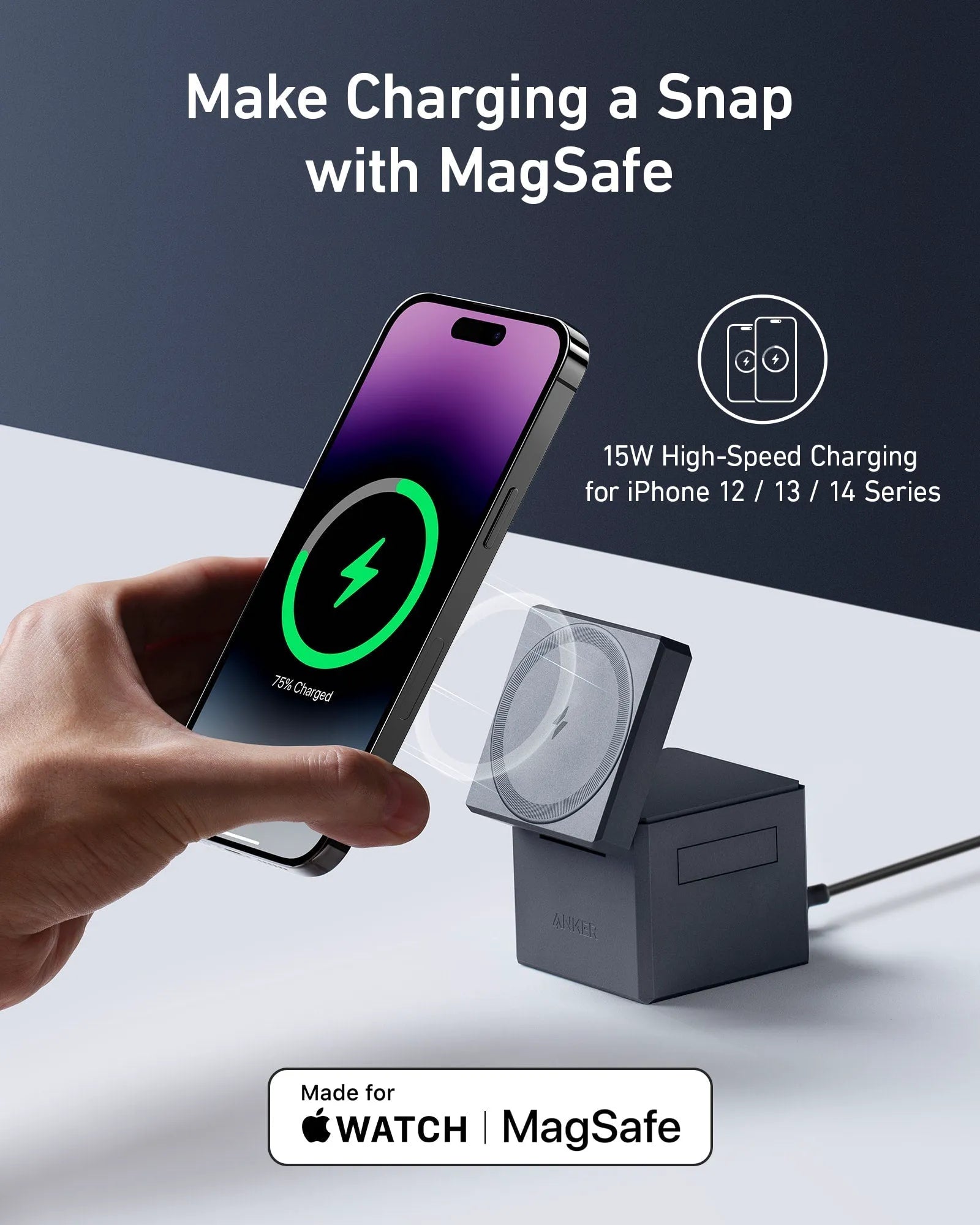 Anker 3-in-1 Charging Cube with MagSafe + Anker Charger (100W, 3 Ports, Smart Display) with USB-C Cable