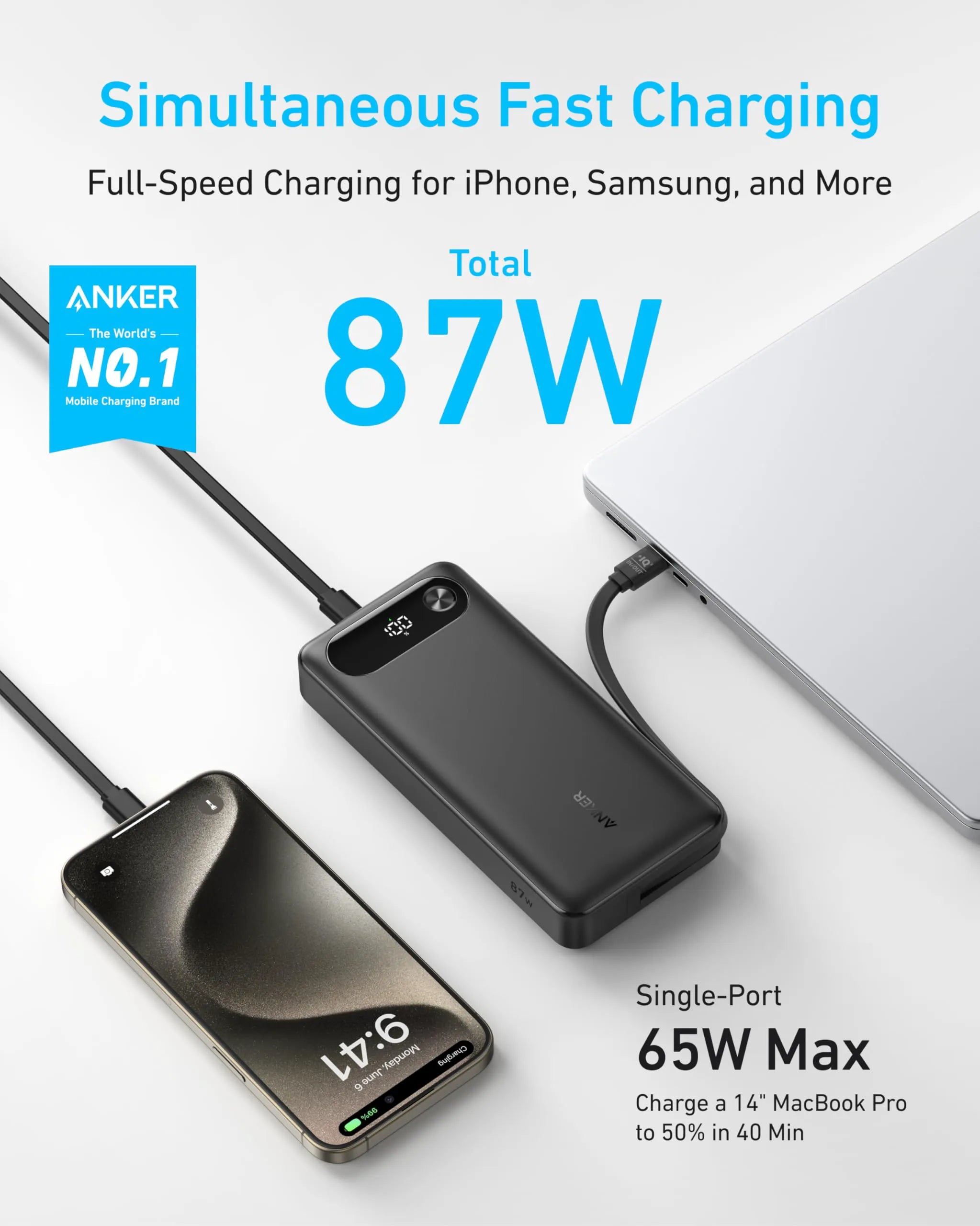 Anker PowerBank (20000mAh, 87W, with Built-in USB-C Cable) & Anker USB-C Cable (240W)