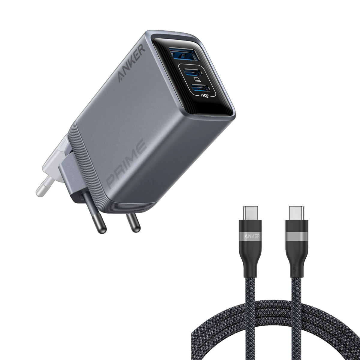 Anker Prime Charger (100W, 3 Ports, GaN) and Anker USB-C to USB-C Cable (240W, Recycled Braided)