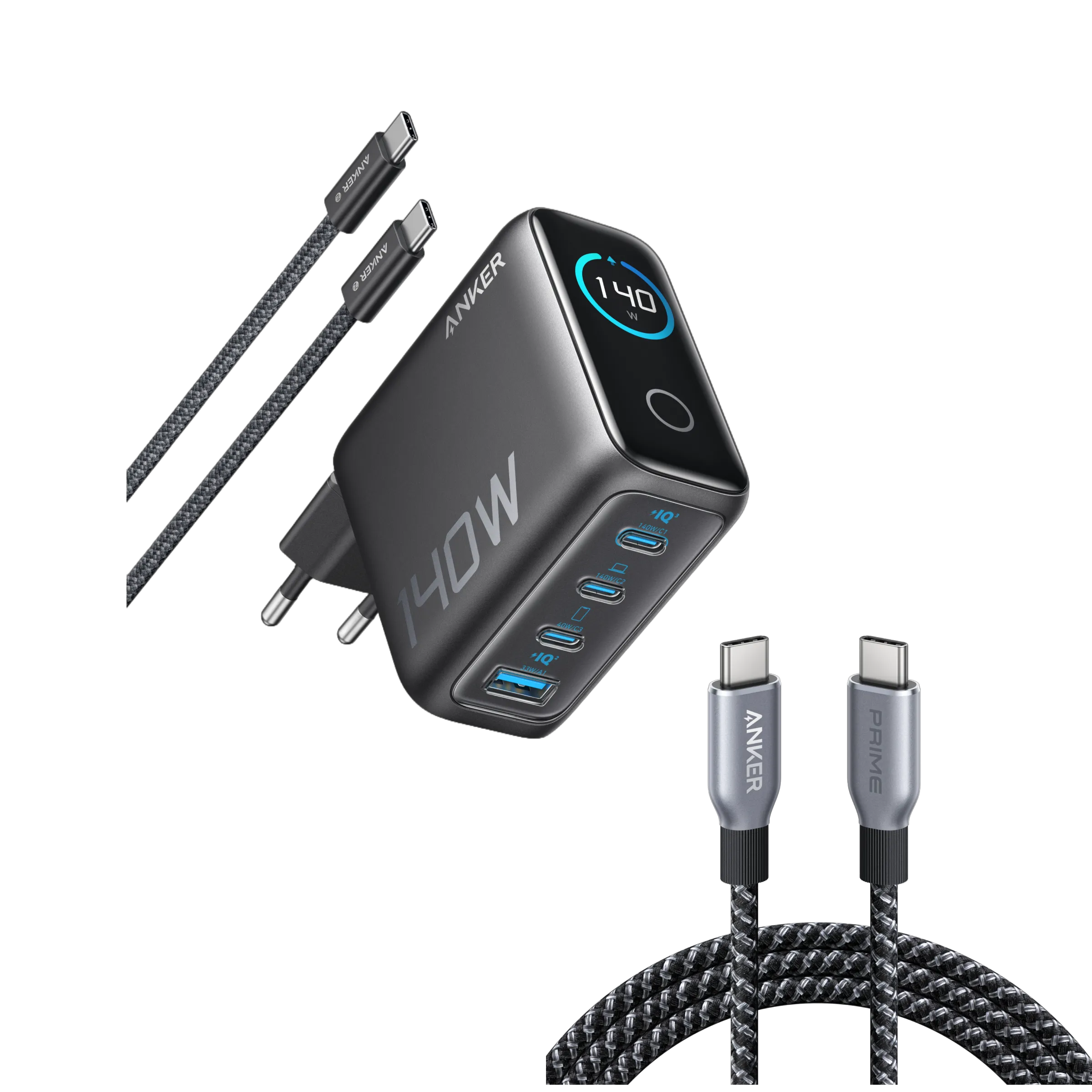 Anker 140W 4-Port USB-C PD 3.1 Laptop Charger with USB-C Cable and Anker Prime 240W Braided Recycled USB-C to USB-C Cable