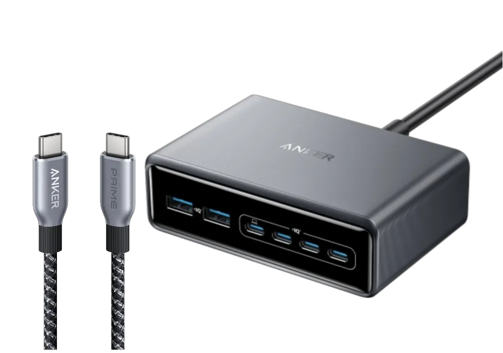 Anker Prime Charger (200W, 6 Ports, GaN) + Anker Prime USB-C to USB-C Cable (240W, Upcycled Braided Design)